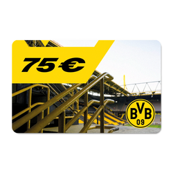 Vale del BVB por valor de 75 euros con diseño en negro y amarillo. Al fondo se divisa el SIGNAL IDUNA PARK.