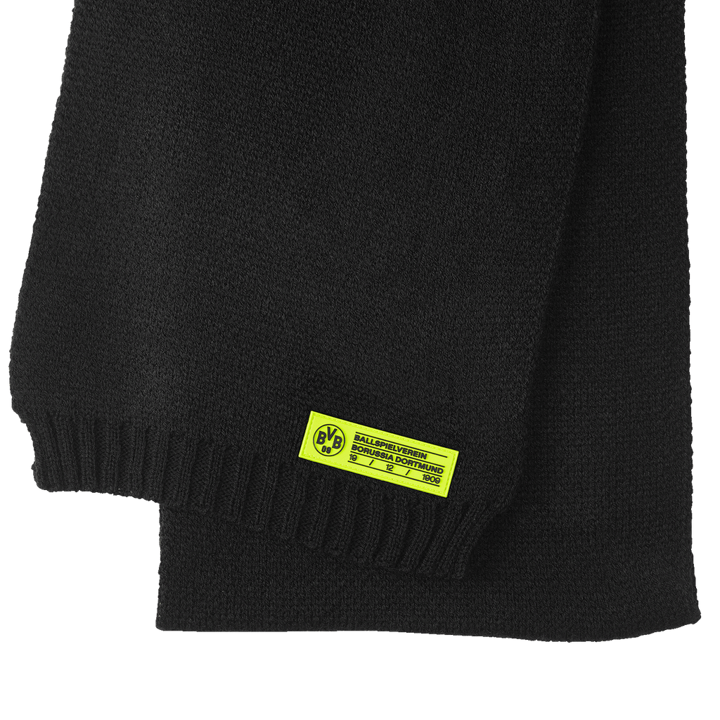 Bufanda negra del BVB para mujer con el escudo amarillo del BVB, ideal para las seguidoras del Borussia Dortmund y para quienes buscan complementos en negro y amarillo.
