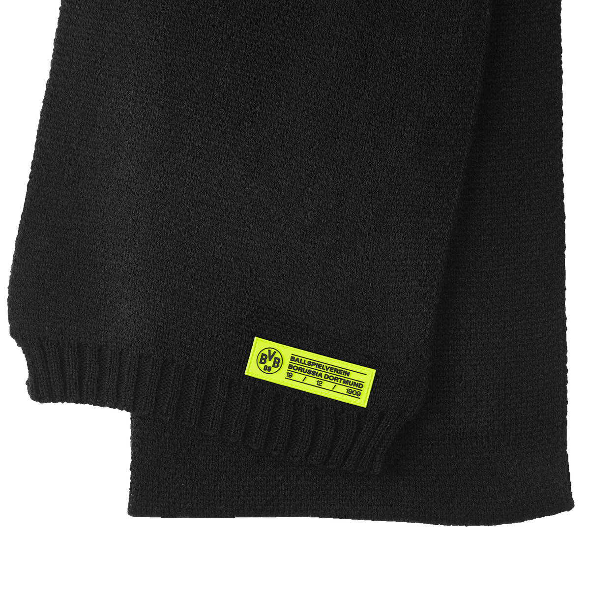 Bufanda negra del BVB para mujer con el escudo amarillo del BVB, ideal para las seguidoras del Borussia Dortmund y para quienes buscan complementos en negro y amarillo.