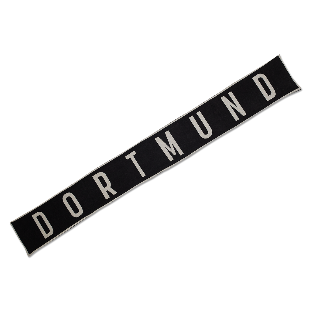 女性用BVBスカーフ「Iconic」。目を引く白い「DORTMUND」の文字が入った黒色のスカーフで、ファングッズやアクセサリーとして最適です。