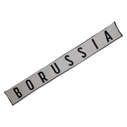 Black-and-white BVB scarf for women with large "BORUSSIA" lettering, perfect for Borussia Dortmund fans.