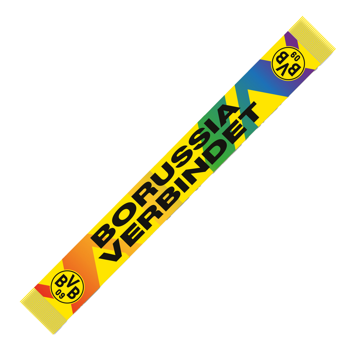 Schwarzgelber BVB-Schal mit farbenfrohem Design und der Aufschrift 'Borussia verbindet' sowie dem BVB-Logo.