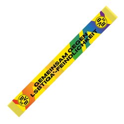 BVB Schal mit Regenbogen-Design und der Aufschrift 'Gemeinsam gegen LGBTIQA*-Feindlichkeit', inklusive BVB-Logo in schwarzgelb.