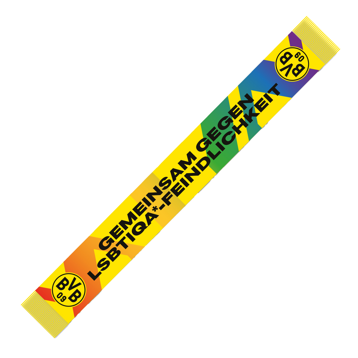 BVB Schal mit Regenbogen-Design und der Aufschrift 'Gemeinsam gegen LGBTIQA*-Feindlichkeit', inklusive BVB-Logo in schwarzgelb.