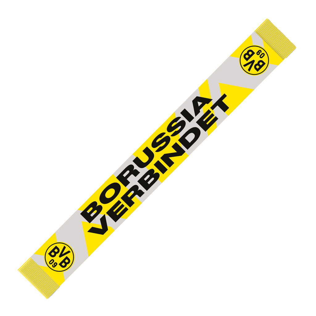 Écharpe du BVB aux couleurs noir et jaune, portant l'inscription « Borussia verbindet » et l'emblème du BVB aux extrémités, idéale pour les supporters du Borussia Dortmund.