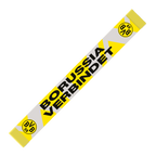 Écharpe du BVB aux couleurs noir et jaune, portant l'inscription « Borussia verbindet » et l'emblème du BVB aux extrémités, idéale pour les supporters du Borussia Dortmund.