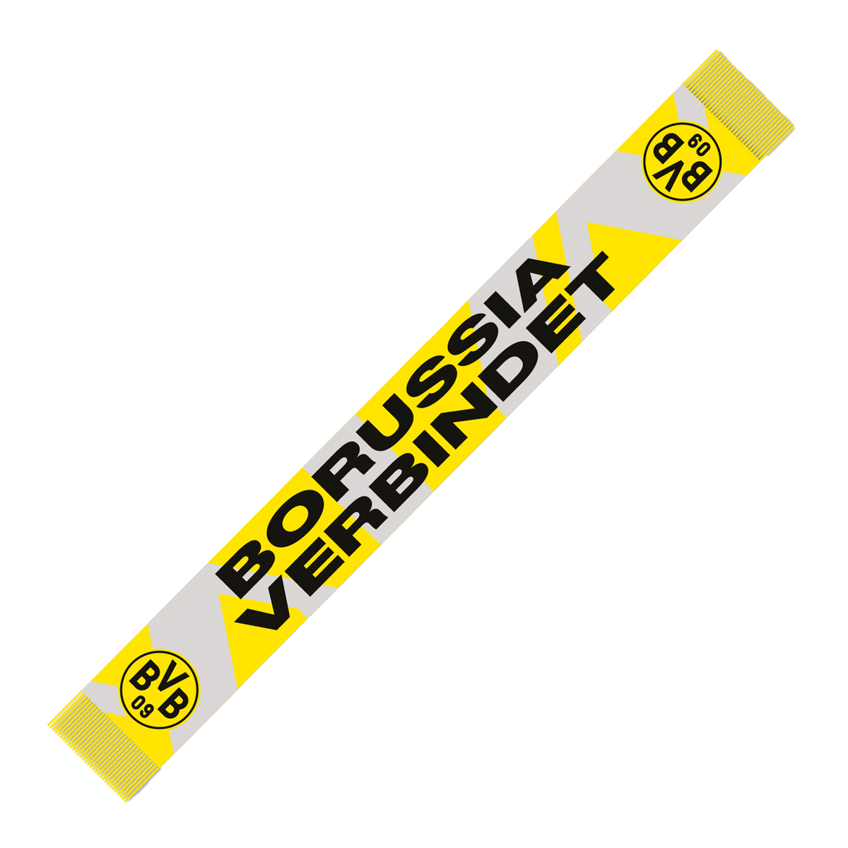 BVB-Schal im schwarzgelben Design mit der Aufschrift 'Borussia verbindet' und BVB-Emblem an den Enden, ideal für Fans von Borussia Dortmund.