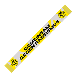 Bufanda del BVB en negro y amarillo con la inscripción «Juntos contra el racismo» y el logotipo del BVB, ideal para los aficionados del Borussia Dortmund.