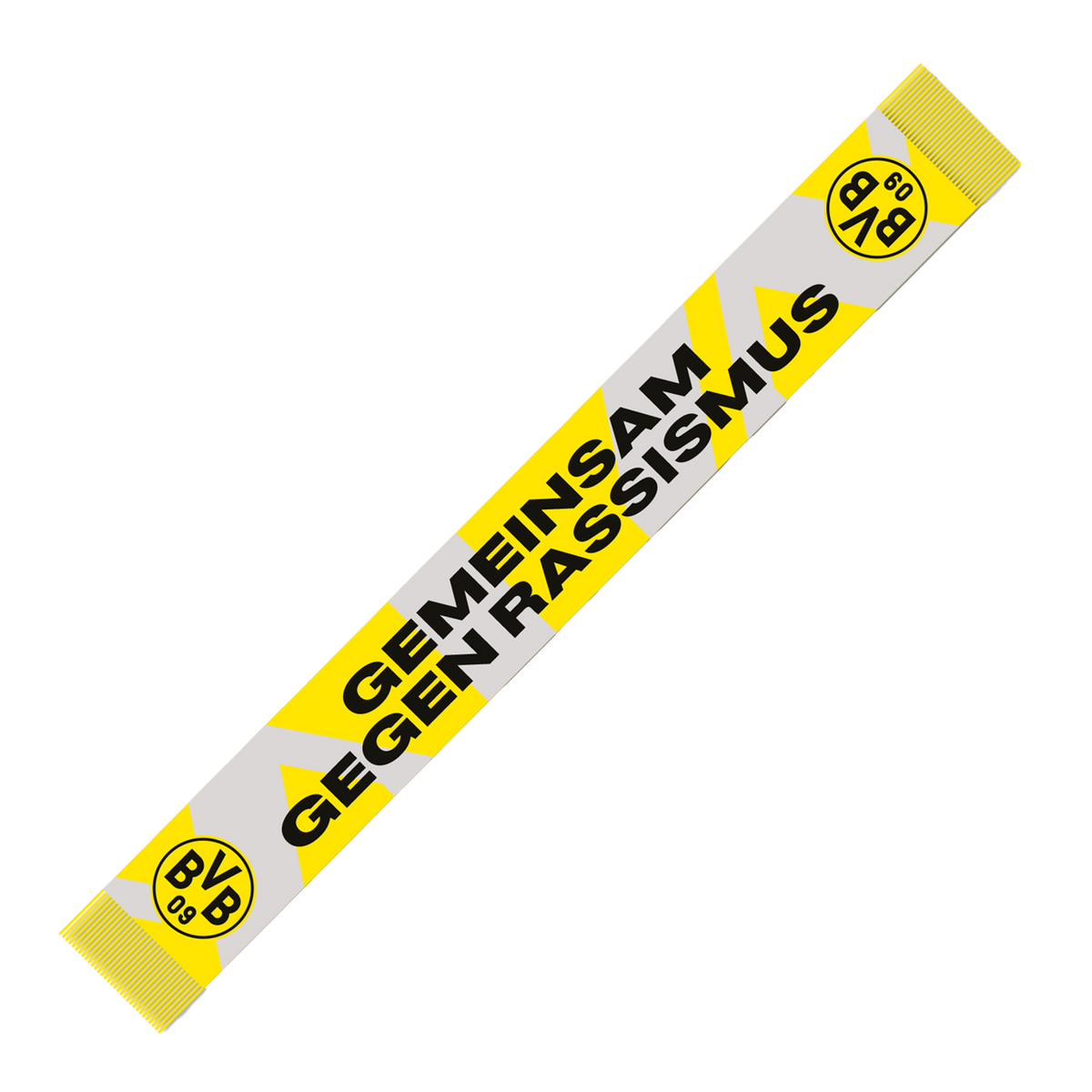 Schwarzgelber BVB-Schal mit der Aufschrift 'Gemeinsam gegen Rassismus' und BVB-Logo, ideal für Fans von Borussia Dortmund.