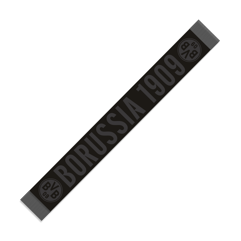 Écharpe noire du BVB portant l'inscription « Borussia 1909 » et le logo du BVB, vue en diagonale.