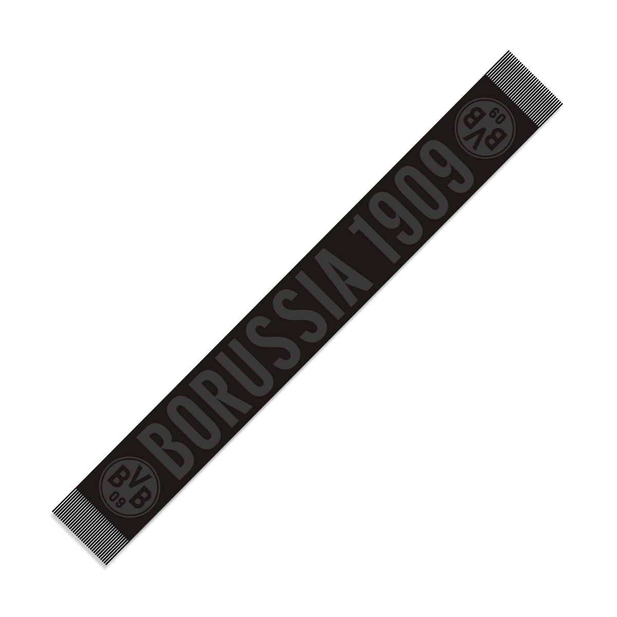 Schwarzer BVB-Schal mit dem Schriftzug 'Borussia 1909' und dem BVB-Logo, diagonale Perspektive.