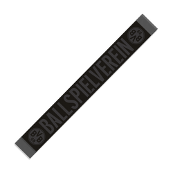 Bufanda negra del BVB con la inscripción vertical «BALLSPIELVEREIN» y el logotipo del BVB en ambos extremos, ideal como artículo para aficionados para 2024.