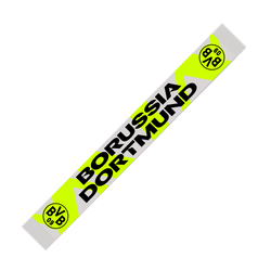 Black-and-yellow BVB scarf with a neon design, large "Borussia Dortmund" lettering, and the BVB 09 logo for fans.
