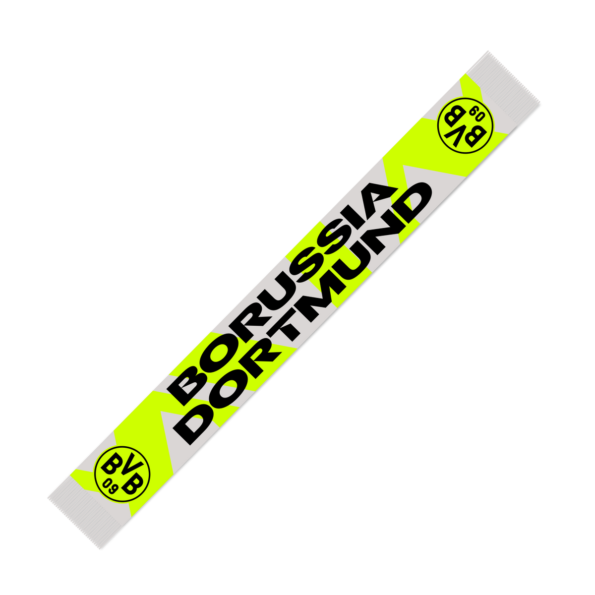 Black-and-yellow BVB scarf with a neon design, large "Borussia Dortmund" lettering, and the BVB 09 logo for fans.