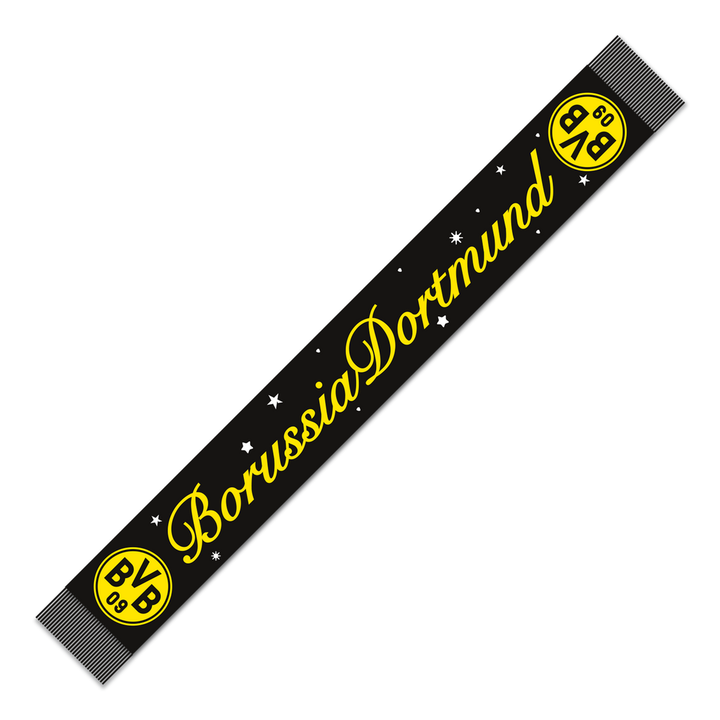 Sciarpa del BVB nei colori nero e giallo con la scritta “Borussia Dortmund”, il logo BVB 09 e un motivo natalizio a stelle.