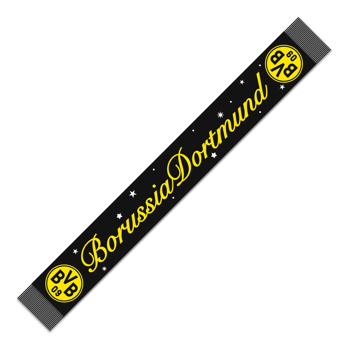 Schwarzgelber BVB-Schal mit Borussia Dortmund-Schriftzug, BVB 09-Logo und weihnachtlichem Sternendesign.