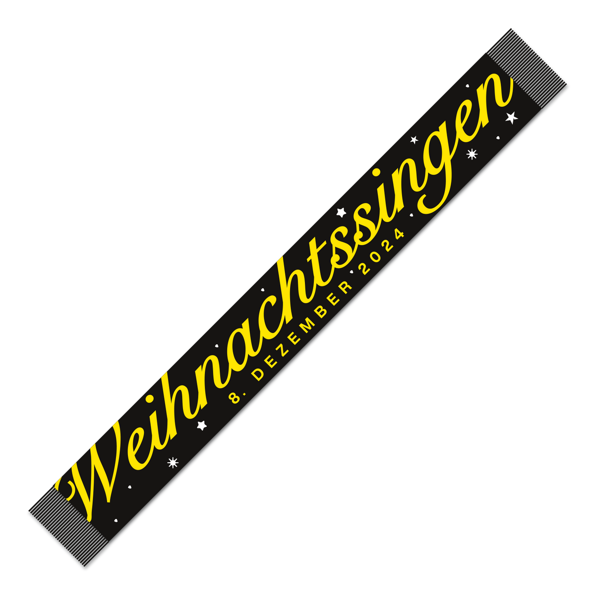 Schwarzer BVB-Schal mit gelber Schrift 'Weihnachtssingen' und Datum '8. Dezember 2024', verziert mit Stern-Motiven, perfekt für das Weihnachtssingen 2024.