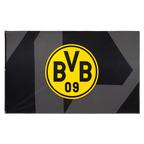 Bandera negra del BVB con el logotipo amarillo del BVB, ideal para aficionados y decoración, medidas: 250 x 150 cm.