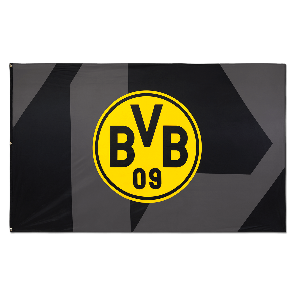 BVBのロゴ（黄色）が入った黒いBVBの旗。ファンや装飾に最適。サイズ：250×150 cm。