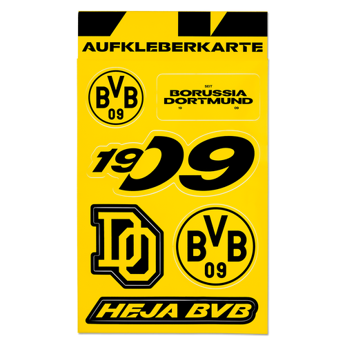 Eine BVB-Aufkleberkarte in schwarzgelb mit verschiedenen Motiven wie Heja BVB, BVB 09-Logos und 1909, ideal für Fans des Vereins Borussia Dortmund.