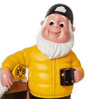 Nano da giardino decorativo del BVB in versione invernale, nei colori nero e giallo, con giacca gialla, berretto nero con lo stemma del BVB e tazza nera con motivo a stella, come articolo per tifosi.