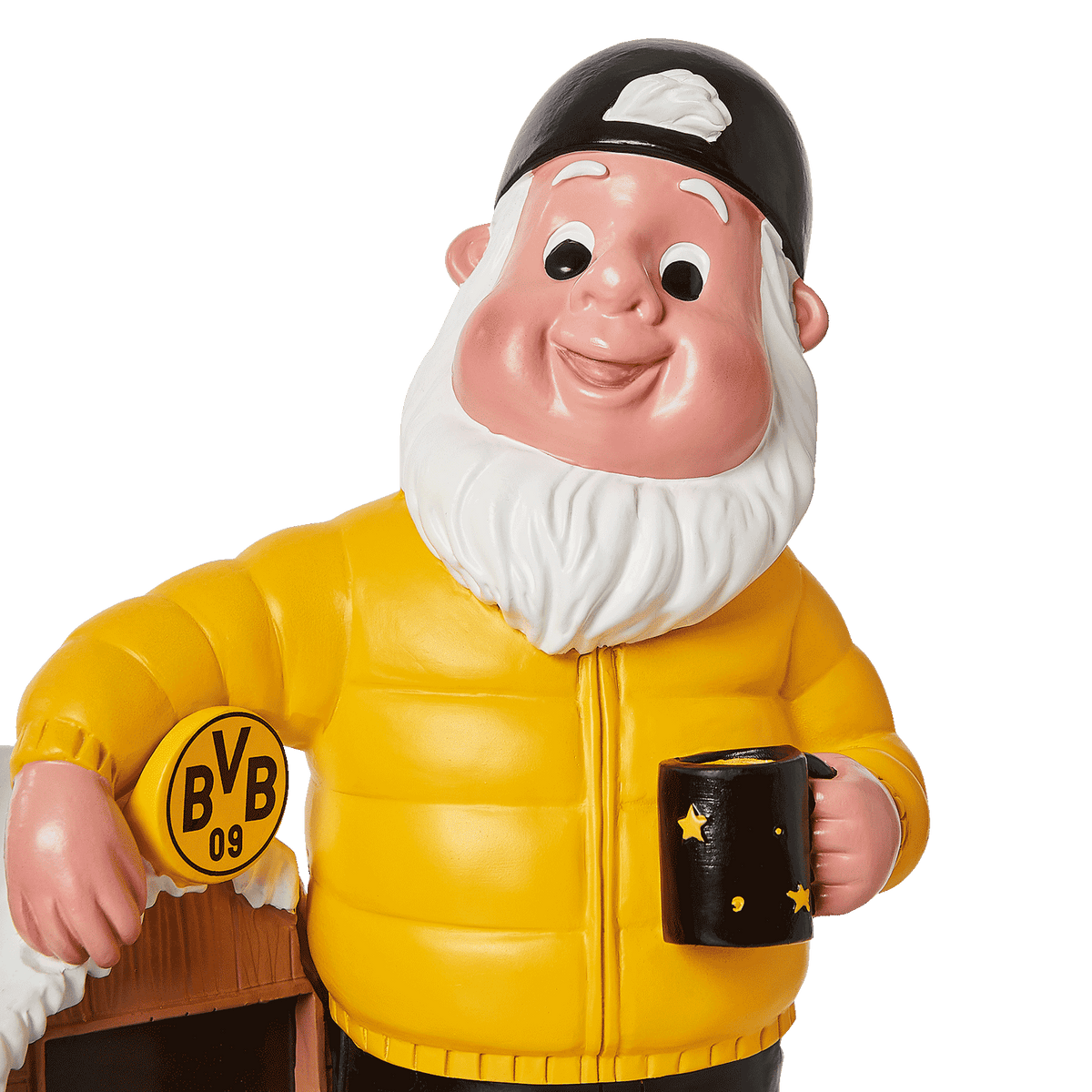 Dekorativer BVB Wintergartenzwerg in schwarzgelbem Design, gelbe Jacke, schwarze Mütze mit BVB-Emblem und schwarzem Becher im Sternmotiv als Fanartikel.