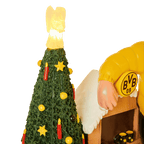 Nano da giardino del Borussia Dortmund con albero di Natale, decorato con dettagli nei colori nero e giallo, stelle gialle, candele rosse e un angelo illuminato.