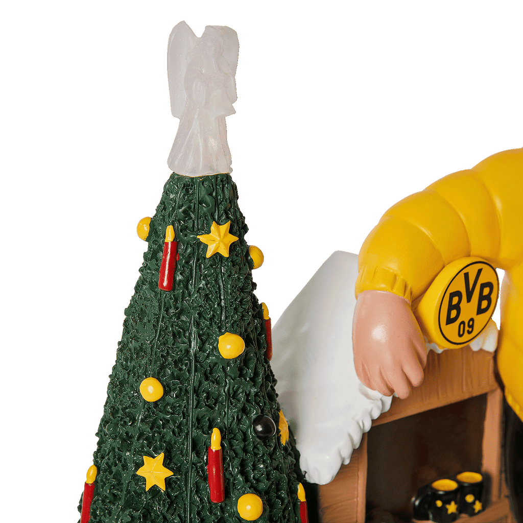 Enano de jardín del BVB decorado con motivos navideños, con un ángel y un árbol de Navidad en los colores negro y amarillo, perfecto para los aficionados del Borussia Dortmund.