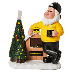 BVB-Wintergartenzwerg mit gelbem Outfit, schwarzer Mütze und Becher, neben einem geschmückten Weihnachtsbaum und einer Hütte mit BVB-Logo und 'Anheizer'-Beschriftung.