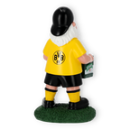 Nain de jardin du BVB aux couleurs noir et jaune, coiffé d'une casquette noire et vêtu d'un maillot jaune, debout sur un fond vert et tenant une caisse de bière à la main, vu de dos.