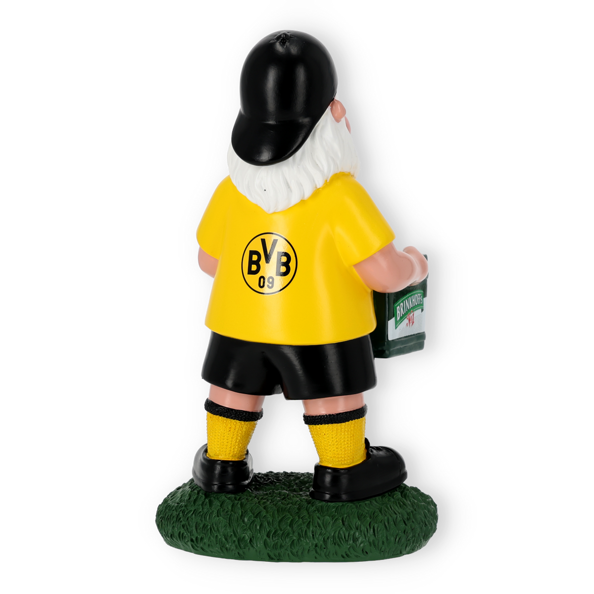 Nain de jardin du BVB aux couleurs noir et jaune, coiffé d'une casquette noire et vêtu d'un maillot jaune, debout sur un fond vert et tenant une caisse de bière à la main, vu de dos.