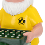 Nain de jardin noir et jaune du BVB, vêtu d'un maillot jaune arborant le logo du BVB, portant une caisse de bière verte. Idéal pour les supporters du Borussia Dortmund et comme décoration.
