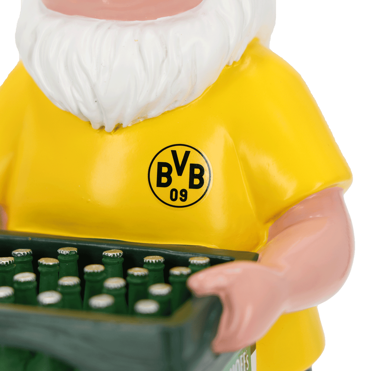 Nain de jardin noir et jaune du BVB, vêtu d'un maillot jaune arborant le logo du BVB, portant une caisse de bière verte. Idéal pour les supporters du Borussia Dortmund et comme décoration.