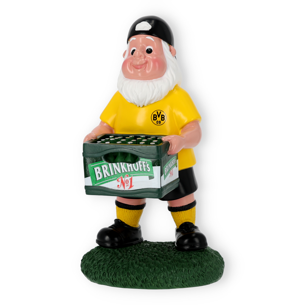 Nain de jardin du BVB aux couleurs noir et jaune, avec un casier de bière Brinkhoff's n° 1, idéal comme objet de fan ou comme cadeau pour les supporters du Borussia Dortmund.