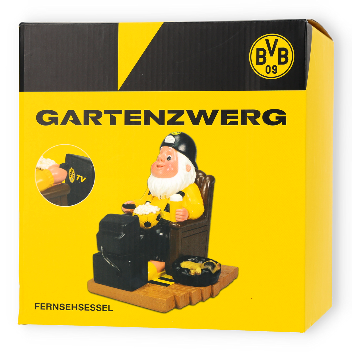 Nano da giardino del BVB nei colori nero e giallo, seduto su una poltrona da televisione, dotato di telecomando, birra, popcorn e pallone da calcio, presentato in una confezione in linea con l’immagine del marchio.