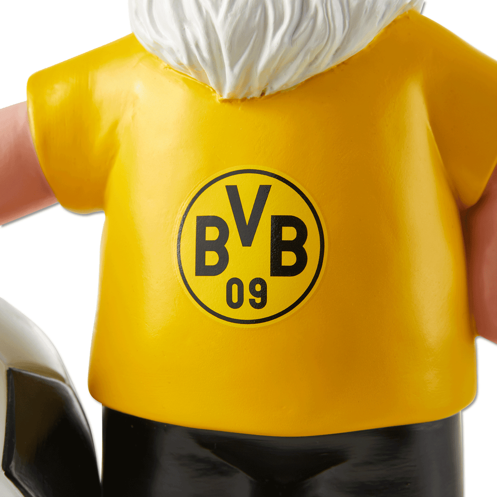 黄色いユニフォームを着たBVBのガーデンノーム。背中にはBVBのロゴが入っており、LEDで光るボールを持っています。ファンアイテムとしても、インテリアとしても最適です。