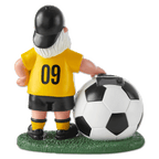 黄色いユニフォームに背番号「09」を付けたBVBのガーデンノームが、緑色の台座の上に立ち、黒と白のLEDサッカーボールにもたれかかっている。
