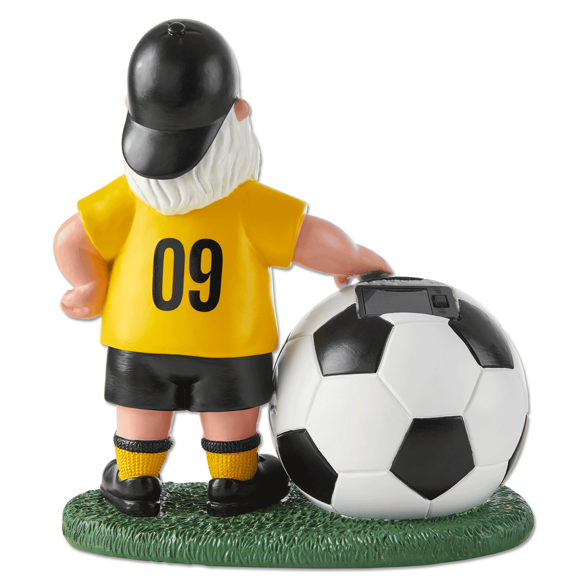 黄色いユニフォームに背番号「09」を付けたBVBのガーデンノームが、緑色の台座の上に立ち、黒と白のLEDサッカーボールにもたれかかっている。