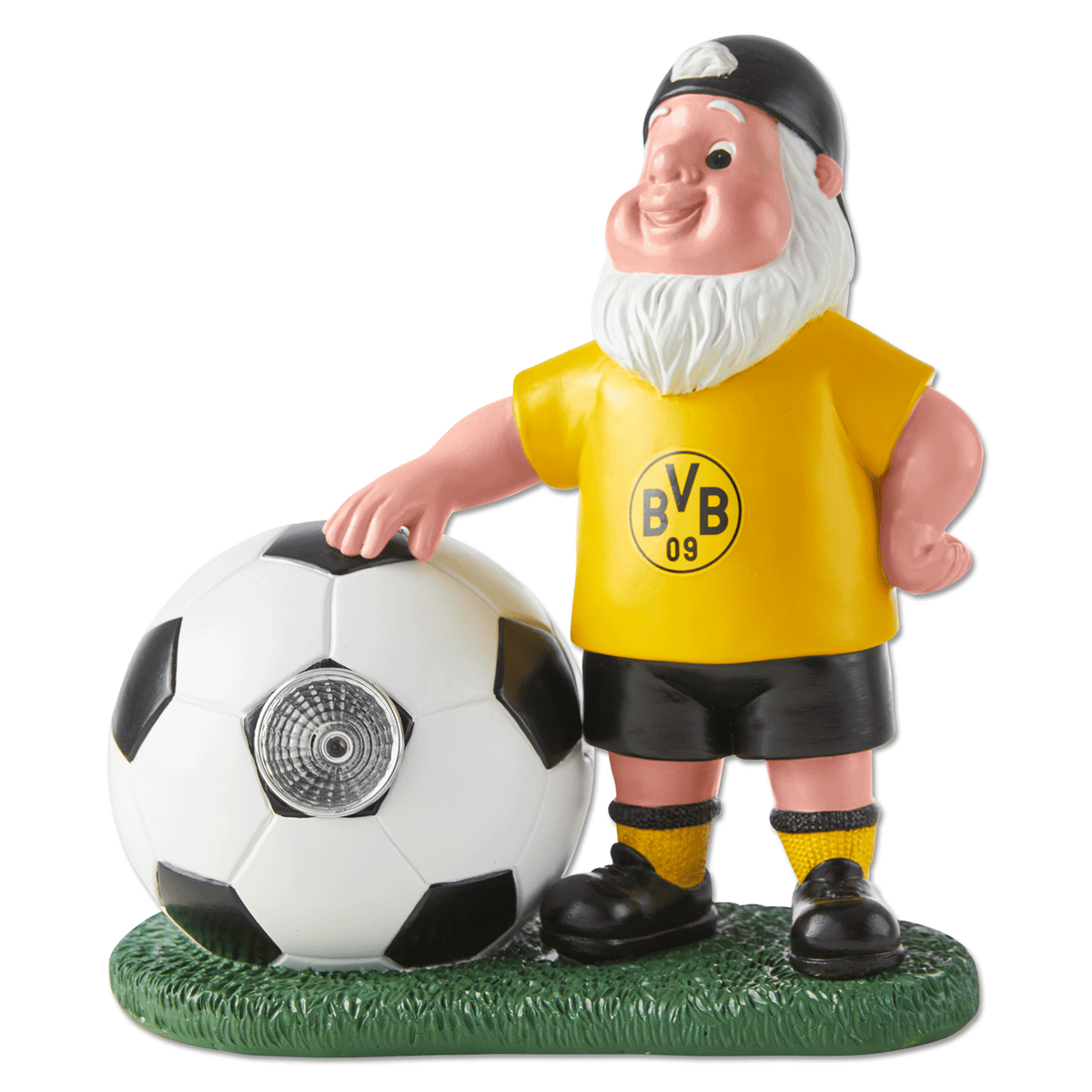 BVB-Gartenzwerg in schwarzgelbem Trikot und Hose, mit einem LED-leuchtenden Fußball, auf einer grünen Basis, perfekt für Fußballfans und als Gartendekoration.