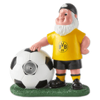 BVB garden gnome in a black-and-yellow jersey and shorts, holding a soccer ball with an LED light, on a green base—perfect for soccer fans and as garden decor.