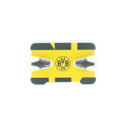 Schwarzgelber BVB In-Ear Gehörschutz, geliefert in einer gelben Verpackung mit BVB-Logo. Perfekt für Fans und Veranstaltungen.