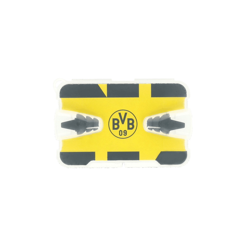黑色和黄色相间的多特蒙德（BVB）入耳式耳塞（L码），中央印有BVB标志，配有保护性包装。