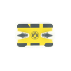 黑色和黄色相间的多特蒙德（BVB）入耳式耳塞（L码），中央印有BVB标志，配有保护性包装。