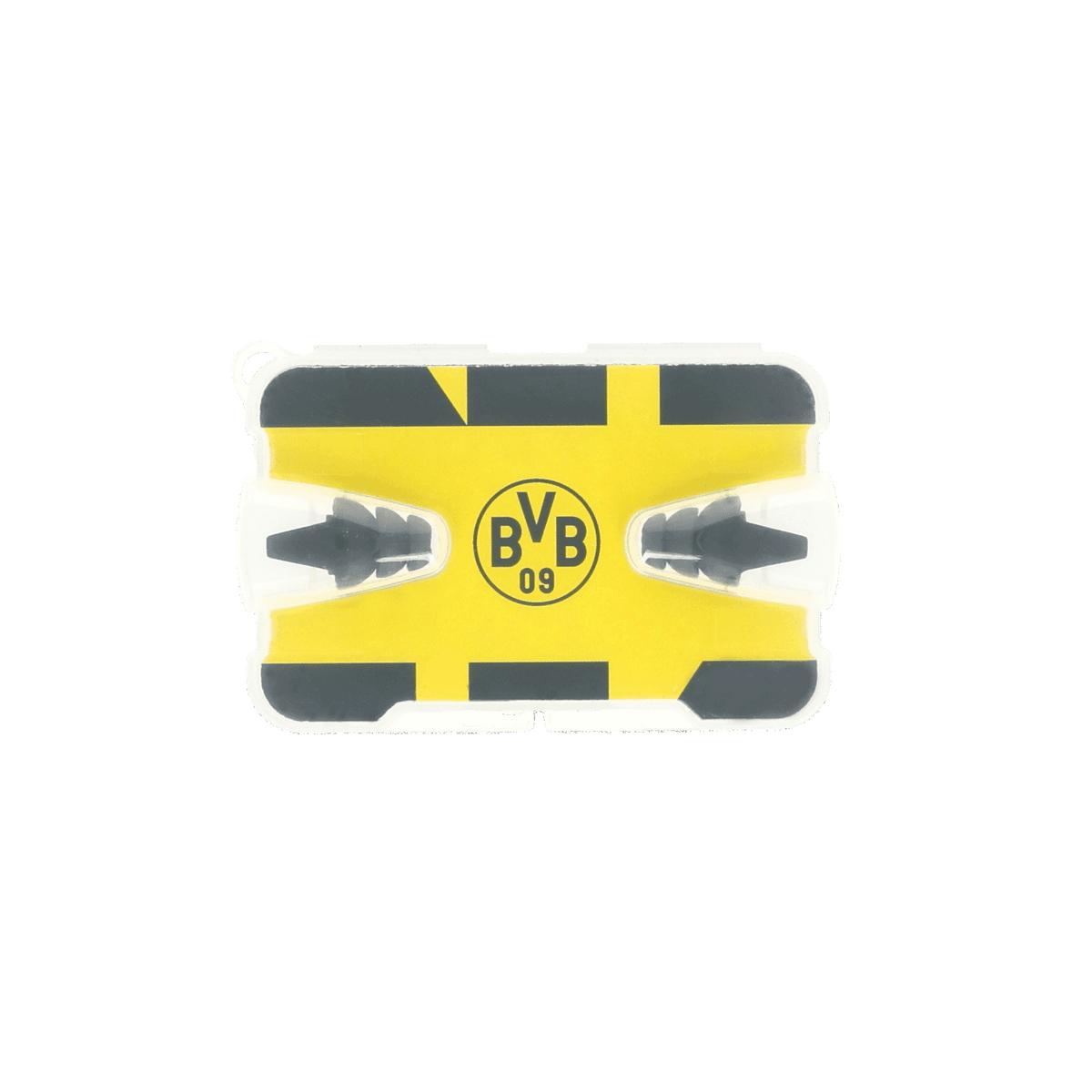 黑色和黄色相间的多特蒙德（BVB）入耳式耳塞（L码），中央印有BVB标志，配有保护性包装。