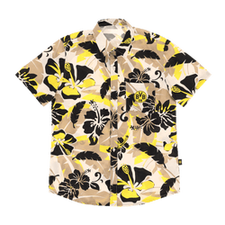 Chemise BVB Maui au motif floral original noir, jaune et beige, à manches courtes et arborant le logo BVB 09 sur la poche poitrine, idéale pour les supporters du Borussia Dortmund.