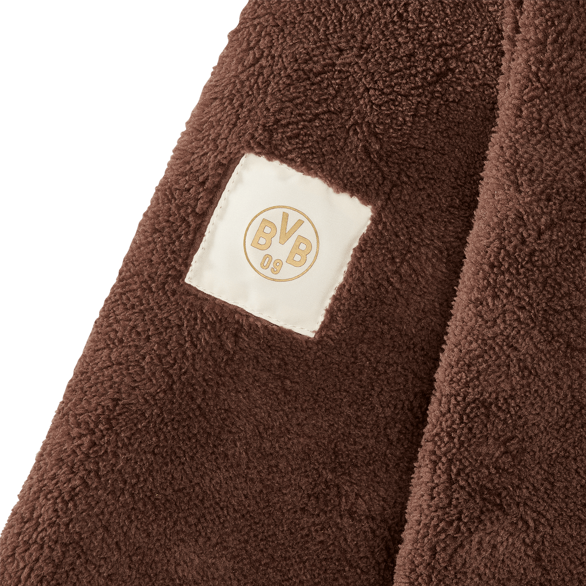 Brown BVB Teddy fleece jacket for women featuring a BVB 09 fabric label (detailed view), made of soft material.