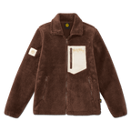 Dark brown BVB Teddy fleece jacket for women, made of cozy material with a white chest pocket, zippers, and BVB logo details.