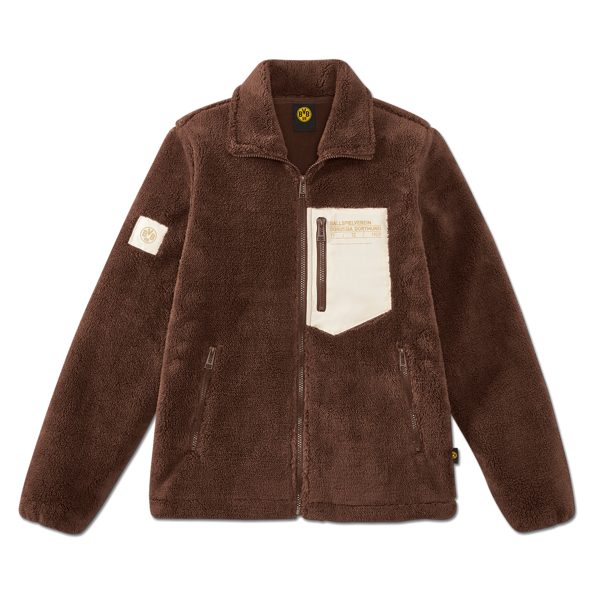 Dunkelbraune BVB Teddy Fleecejacke für Frauen, kuscheliges Material mit weißer Brusttasche, Reißverschlüssen und BVB-Logo-Details.