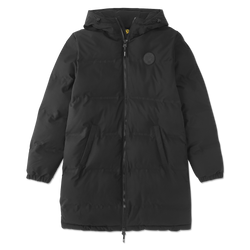 Black winter coat for women with a BVB logo, quilted design, and hood—perfect for cold days.