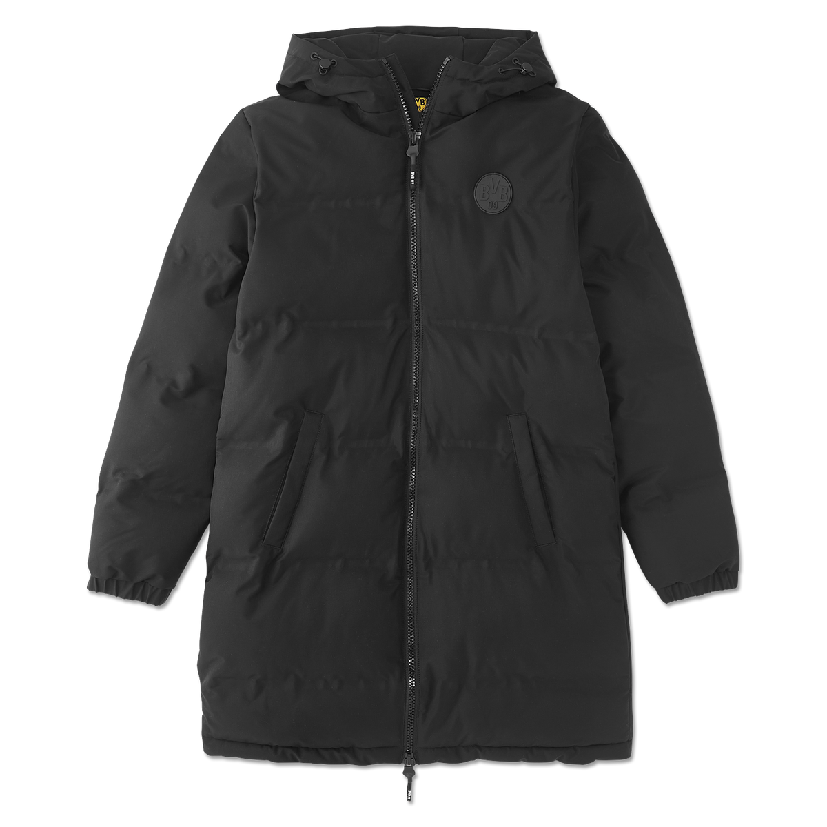 Schwarzer Wintermantel für Frauen mit BVB-Logo, gesteppter Optik und Kapuze, ideal für kalte Tage.
